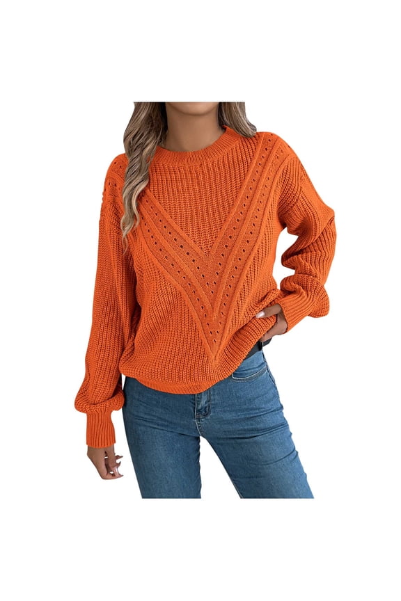 Womens Rib Knitted Sweaters 2025 Cute Elegant Soft Crewneck Sweaters Classic Long Sleeve Hollow Cable Knit Pullover Orange L