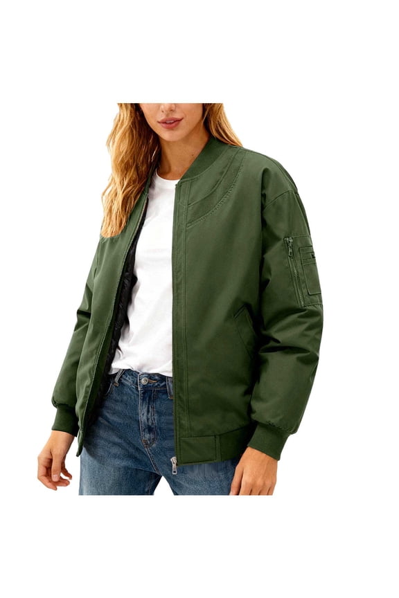 Womens Ribbed Baseball Bomber Jacket Full Zip Front Side Arm Pocket Relaxed Straight Sleeve Boxy Cut for Daily Commute Coffee Meetup Army Green S