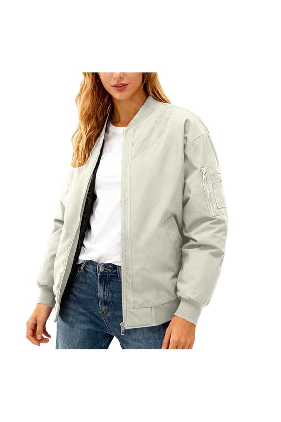 Womens Ribbed Baseball Bomber Jacket Full Zip Front Side Arm Pocket Relaxed Straight Sleeve Boxy Cut for Daily Commute Coffee Meetup Beige S