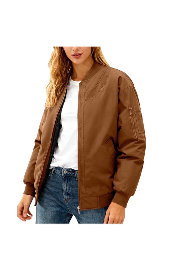 Womens Ribbed Baseball Bomber Jacket Full Zip Front Side Arm Pocket Relaxed Straight Sleeve Boxy Cut for Daily Commute Coffee Meetup Coffee M