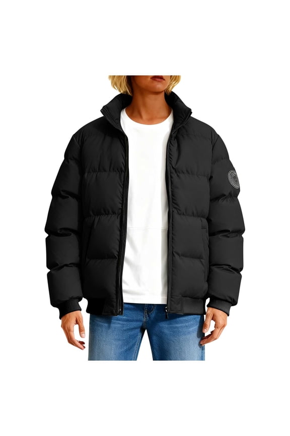 Womens Ribbed Hem Stand Collar Puffer Jacket Arm Logo Patch Full Zip Front Relaxed Boxy Silhouette for Brunch Date Outdoor Workout Black S