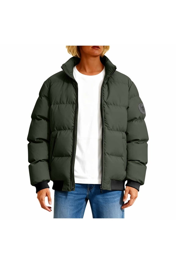 Womens Ribbed Hem Stand Collar Puffer Jacket Arm Logo Patch Full Zip Front Relaxed Boxy Silhouette for Brunch Date Outdoor Workout Green S