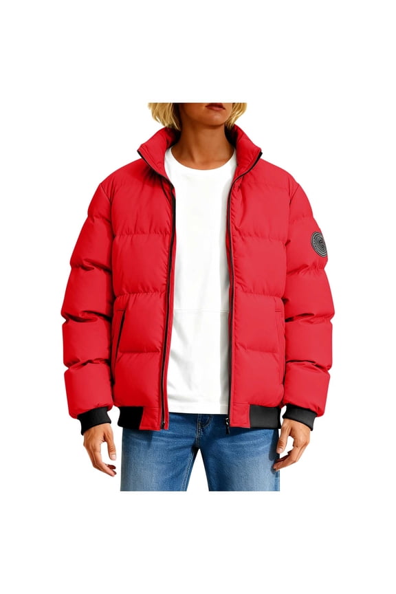 Womens Ribbed Hem Stand Collar Puffer Jacket Arm Logo Patch Full Zip Front Relaxed Boxy Silhouette for Brunch Date Outdoor Workout Red XXL