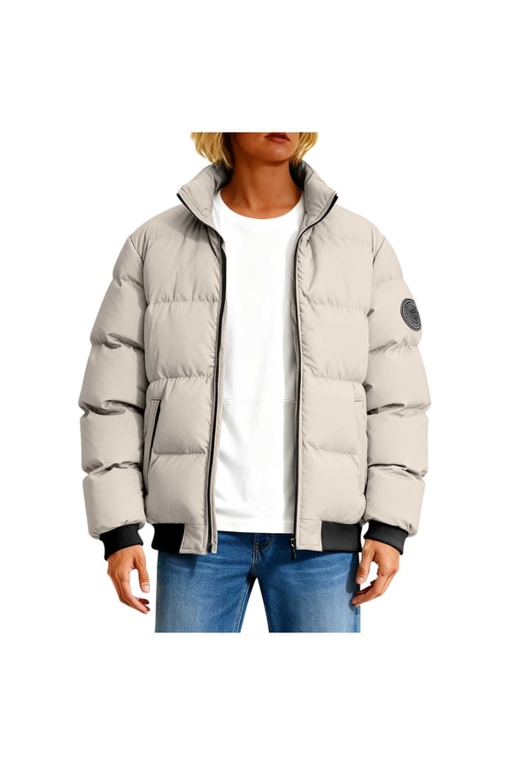 Womens Ribbed Hem Stand Collar Puffer Jacket Arm Logo Patch Full Zip Front Relaxed Boxy Silhouette for Brunch Date Outdoor Workout White S