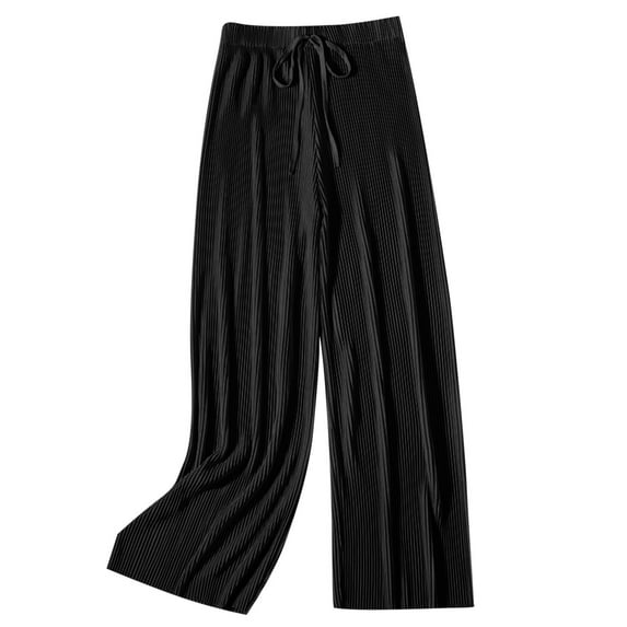 Olyvenn Womens Ribbed Lounge Pants Stretch Comfy Straight Leg Loose Cropped Trousers Casual Solid Color High Waisted Slacks Black Free Size