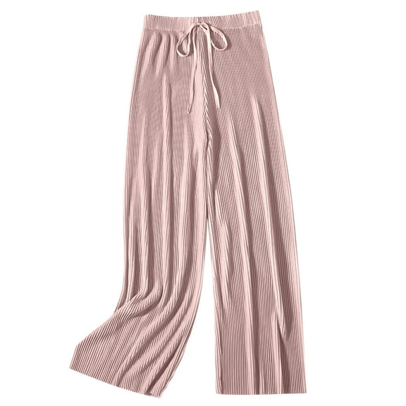 Olyvenn Womens Ribbed Lounge Pants Stretch Comfy Straight Leg Loose Cropped Trousers Casual Solid Color High Waisted Slacks Pink Free Size