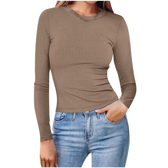 Olyvenn Womens Ribbed Shirts Crewneck Slim Fitted Tops Casual Underscrubs Layer Slim Basic T-Shirts Going Out Knit Sweater Khaki XXL