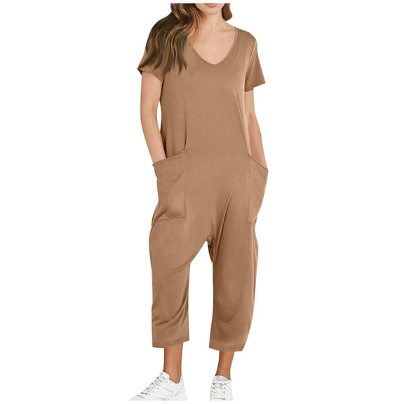 Olyvenn Womens Rompers for Summer Sleeveless Loose Solid Color Comfortable Strap Loose Jumpsuit Pocket Jumpsuit People Boho Jumpsuits Khaki L