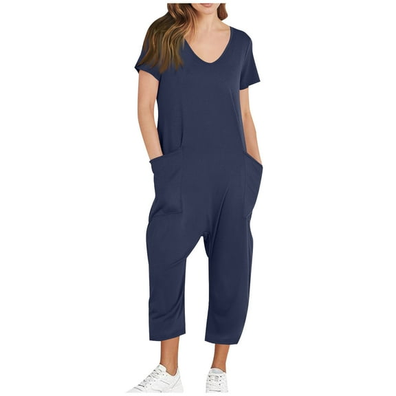 Olyvenn Womens Rompers for Summer Sleeveless Loose Solid Color Comfortable Strap Loose Jumpsuit Pocket Jumpsuit People Boho Jumpsuits Navy XXL