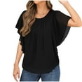 thumbnail image 1 of Olyvenn Womens Ruffle Short Sleeve Chiffon Tops Dressy Casual Cotton Peplum Shirts Round Neck Pleated Blouses Black M, 1 of 7