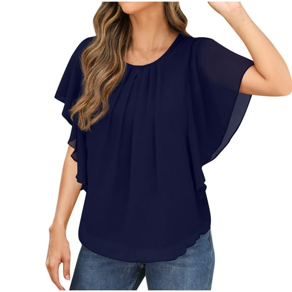 Olyvenn Womens Ruffle Short Sleeve Chiffon Tops Dressy Casual Cotton Peplum Shirts Round Neck Pleated Blouses Blue S