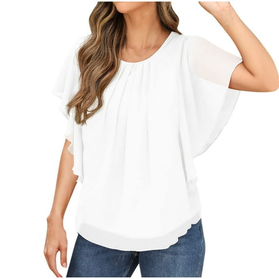 Olyvenn Womens Ruffle Short Sleeve Chiffon Tops Dressy Casual Cotton Peplum Shirts Round Neck Pleated Blouses White M