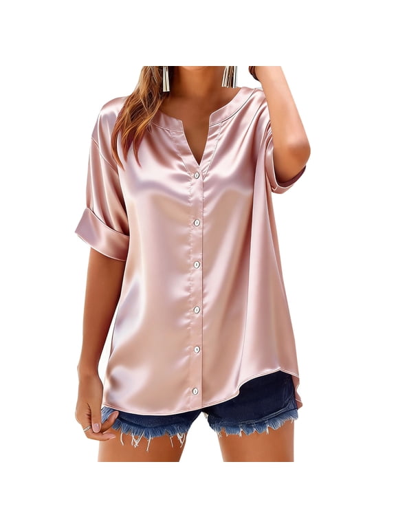 Womens Satin Shirts Notched Neck Short Sleeves Button Down Rolled Cuff Loose Solid Pullover Tee Shirt Blouse Tops Pink XXL