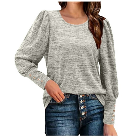 Olyvenn Womens Scoop Neck Sweatshirts Dressy Tops Womens Fall Fashion Bishop Sleeve with Button Shirts Oversized T Shirts Solid Color Waffle Knitting Sweater Gifts for Women Trendy Gray 8
