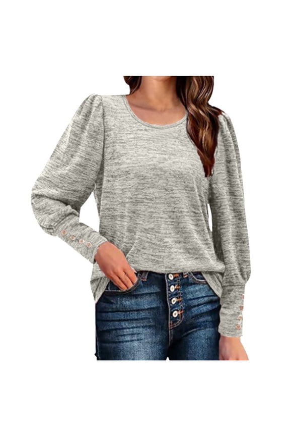 Womens Scoop Neck Sweatshirts Dressy Tops Womens Fall Fashion Bishop Sleeve with Button Shirts Oversized T Shirts Solid Color Waffle Knitting Sweater Gifts for Women Trendy Gray 4