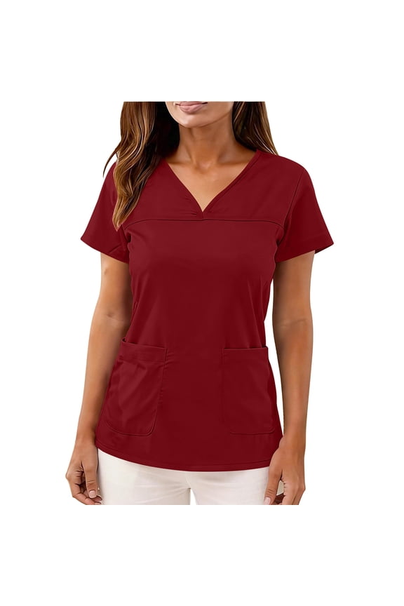 Womens Scrub Tops Summer Casual Solid Color Short Sleeve V Neck Uniform Work Blouse Loose Workout Pullover Shirt Red S