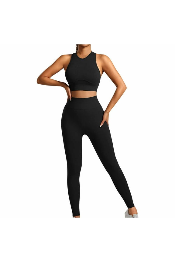 Womens Seamless Workout Sets Racerback Sports Bra Crop Tank Top High Waist Leggings 2 Piece Gym Yoga Outfits Black 12-14