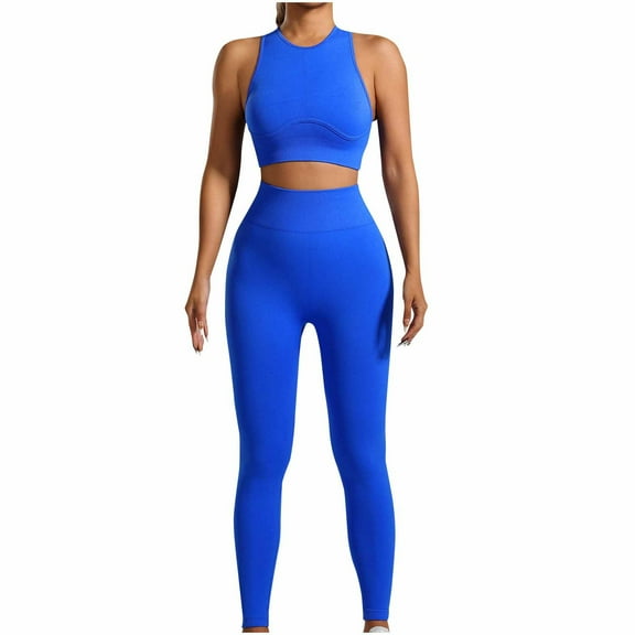 Olyvenn Womens Seamless Workout Sets Racerback Sports Bra Crop Tank Top High Waist Leggings 2 Piece Gym Yoga Outfits Blue 12-14