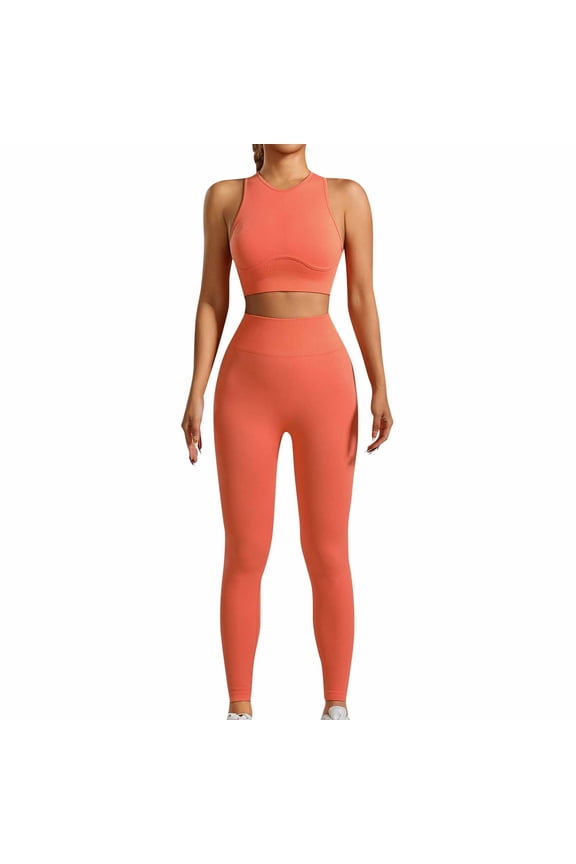 Womens Seamless Workout Sets Racerback Sports Bra Crop Tank Top High Waist Leggings 2 Piece Gym Yoga Outfits Orange 4-6