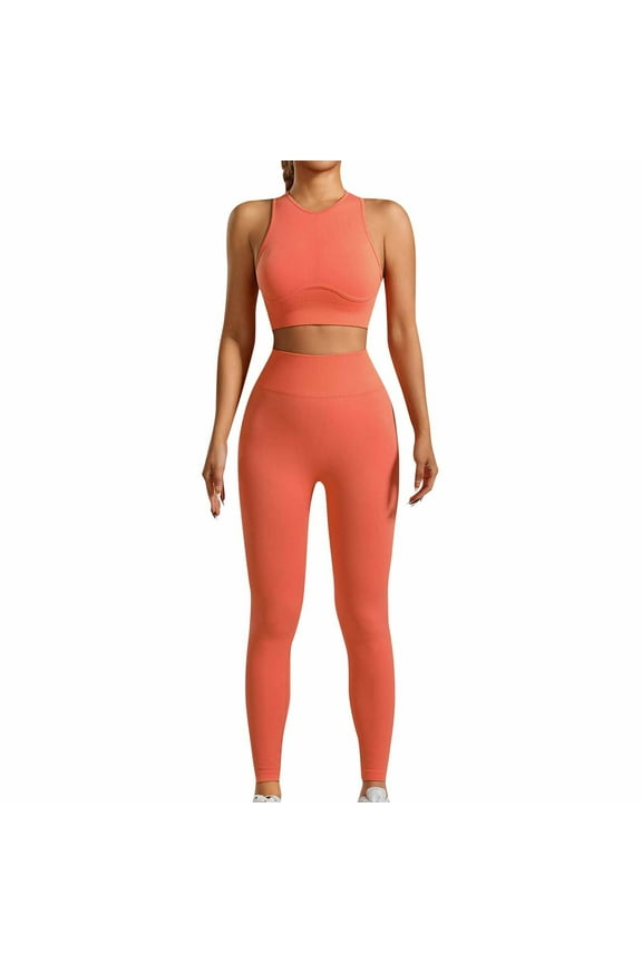 Womens Seamless Workout Sets Racerback Sports Bra Crop Tank Top High Waist Leggings 2 Piece Gym Yoga Outfits Orange 8-10