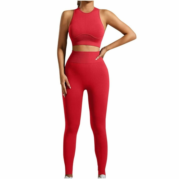 Olyvenn Womens Seamless Workout Sets Racerback Sports Bra Crop Tank Top High Waist Leggings 2 Piece Gym Yoga Outfits Red 4-6