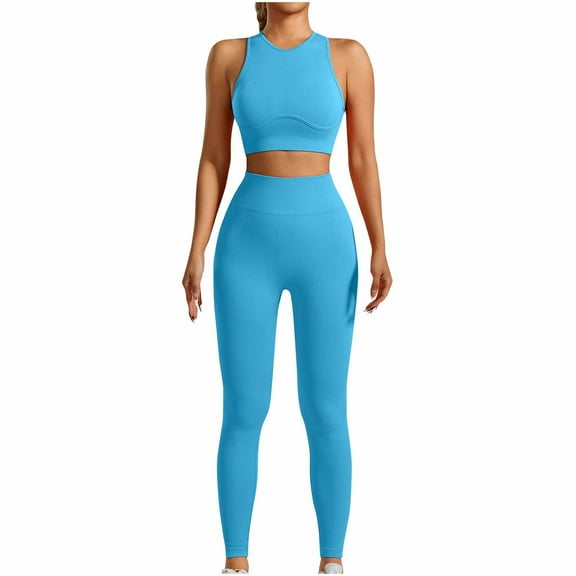 Olyvenn Womens Seamless Workout Sets Racerback Sports Bra Crop Tank Top High Waist Leggings 2 Piece Gym Yoga Outfits Sky Blue 12-14