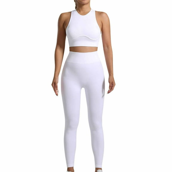 Olyvenn Womens Seamless Workout Sets Racerback Sports Bra Crop Tank Top High Waist Leggings 2 Piece Gym Yoga Outfits White 12-14