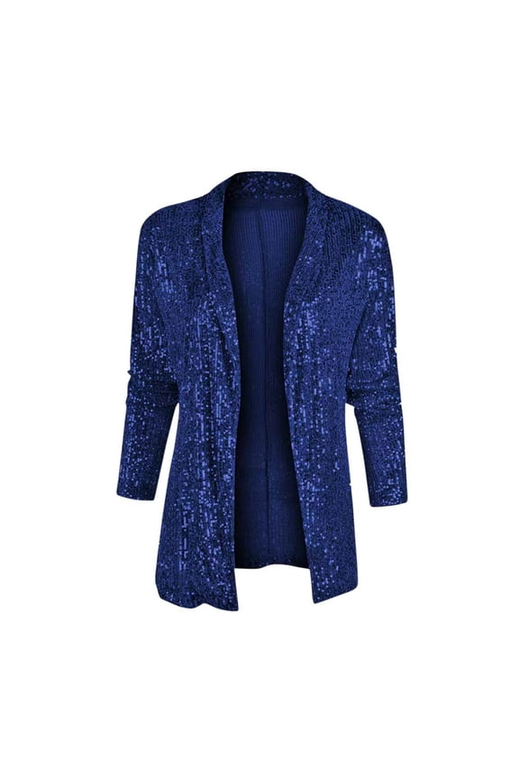 Womens Sequin Blazer Casual Long Sleeve Open Front Sparkle Blazer Jacket Sequin Cardigan Party Evening Coat Blue 10