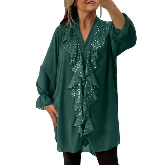Olyvenn Womens Sequin Ruffle Front Long Sleeve Button Down Shirts Sparkly V Neck Flowy Dressy Casual Loose Fit Blouses Tops Green M