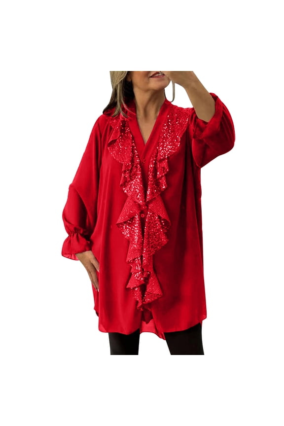 Womens Sequin Ruffle Front Long Sleeve Button Down Shirts Sparkly V Neck Flowy Dressy Casual Loose Fit Blouses Tops Red M