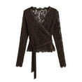 thumbnail image 1 of Olyvenn Womens Sexy Lace V Neck Long Sleeve Shirts Fashion Sheer Lace T-Shirt Casual Solid Color Bandage Tops Brown L, 1 of 6