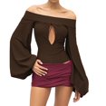 thumbnail image 1 of Olyvenn Womens Sexy Off Shoulder Tops Trendy Fall Long Lantern Sleeve Slim Fit Top Y2k Solid Color Cut Out Blouse Brown M, 1 of 3