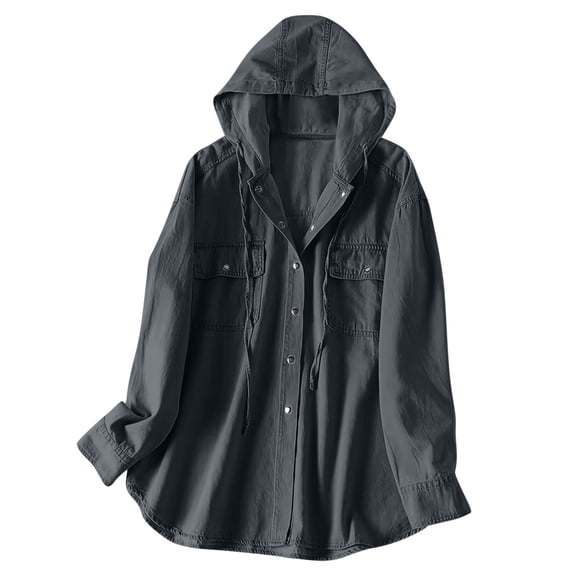 Olyvenn Womens Shacket Hooded Button Front Dual Chest Pocket Oversized Long Sleeve Outerwear for Country Outfits Weekend Farm Visits Black S