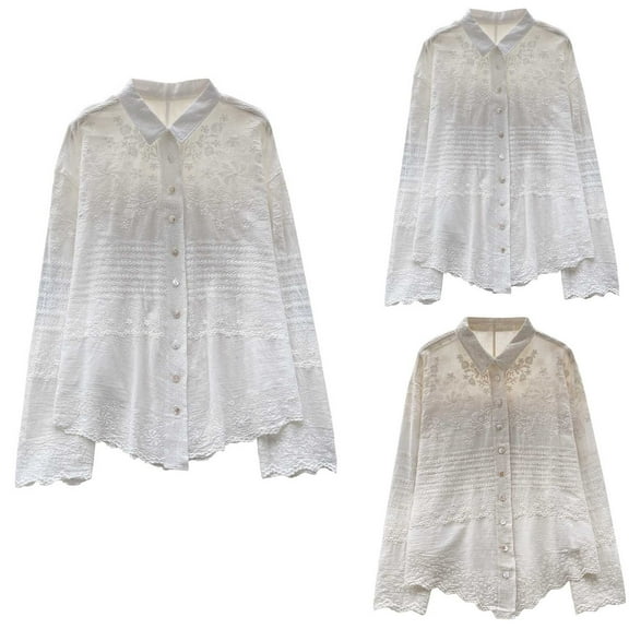 Olyvenn Womens Sheer Lace Embroidered Tops Long Sleeve Button Down Shirts Collared Loose Blouses Dressy Casual Beige Free Size