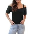 thumbnail image 1 of Olyvenn Womens Shirts Off The Shoulder Tops Short Sleeve Straps Solid Trendy V Neck Slim Fit Shirts Tops Blouses Black L, 1 of 8