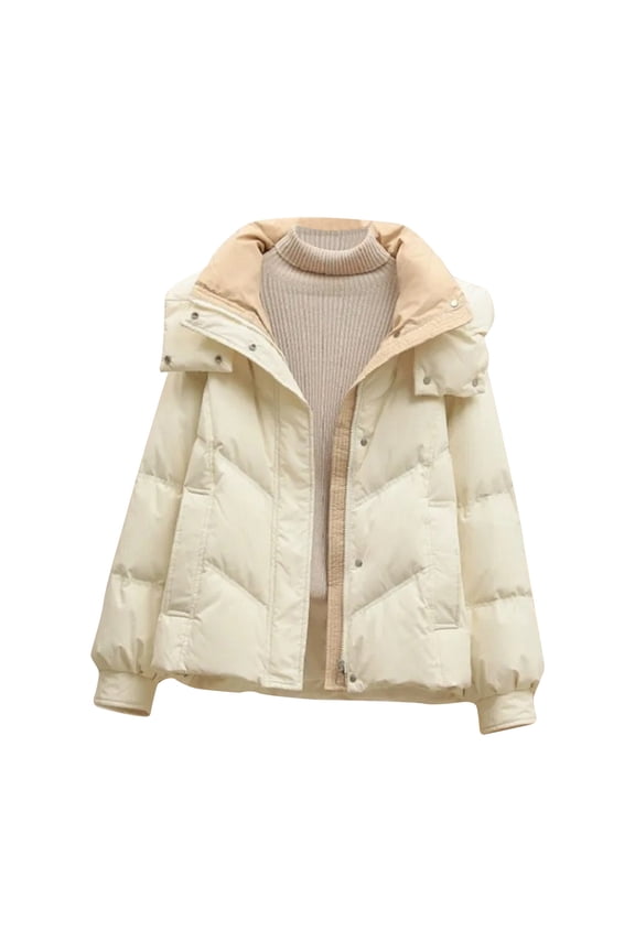 Womens Short Puffer Jacket Removable Hood Casual Trendy Winter Warm Puffer Quilted Jackets with Pockets Beige L