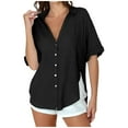 thumbnail image 1 of Olyvenn Womens Short Sleeve Button Down Shirts Cotton Linen V Neck Side Slit Blouse Summer Casual Loose Fit Beach Tops Black L, 1 of 7