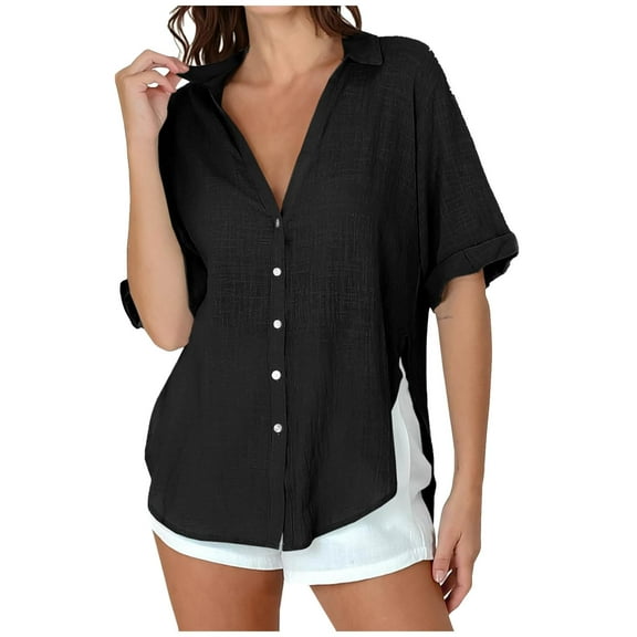 Olyvenn Womens Short Sleeve Button Down Shirts Cotton Linen V Neck Side Slit Blouse Summer Casual Loose Fit Beach Tops Black XL