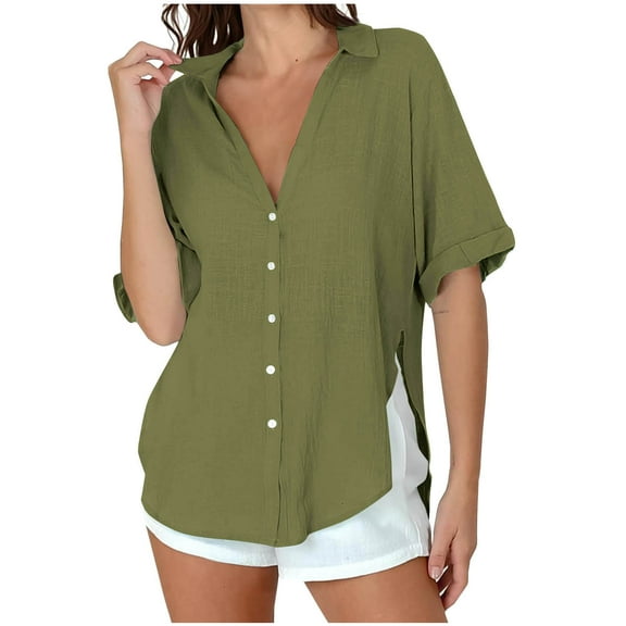 Olyvenn Womens Short Sleeve Button Down Shirts Cotton Linen V Neck Side Slit Blouse Summer Casual Loose Fit Beach Tops Green XL