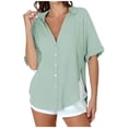 thumbnail image 1 of Olyvenn Womens Short Sleeve Button Down Shirts Cotton Linen V Neck Side Slit Blouse Summer Casual Loose Fit Beach Tops Mint Green XL, 1 of 7
