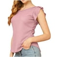 thumbnail image 1 of Olyvenn Womens Short Sleeve Casual Basic Tee Summer T Shirts Ruffle Plain Crew Neck Knit Loose Fit Tops Blouses Pink 8, 1 of 4