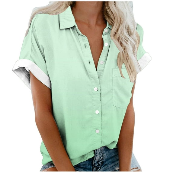 Olyvenn Womens Short Sleeve Casual Button Down Shirts Gradient Summer Soft Fashion Cotton Blouses Tops with Pocket Green S
