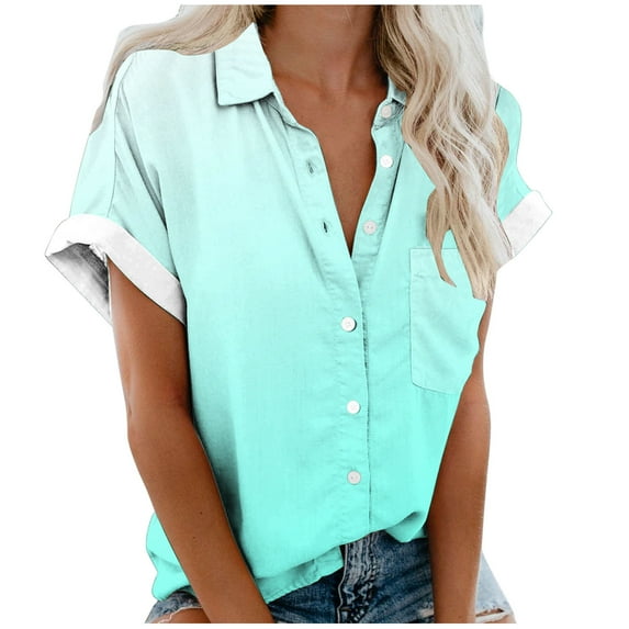 Olyvenn Womens Short Sleeve Casual Button Down Shirts Gradient Summer Soft Fashion Cotton Blouses Tops with Pocket Mint Green XXXXL