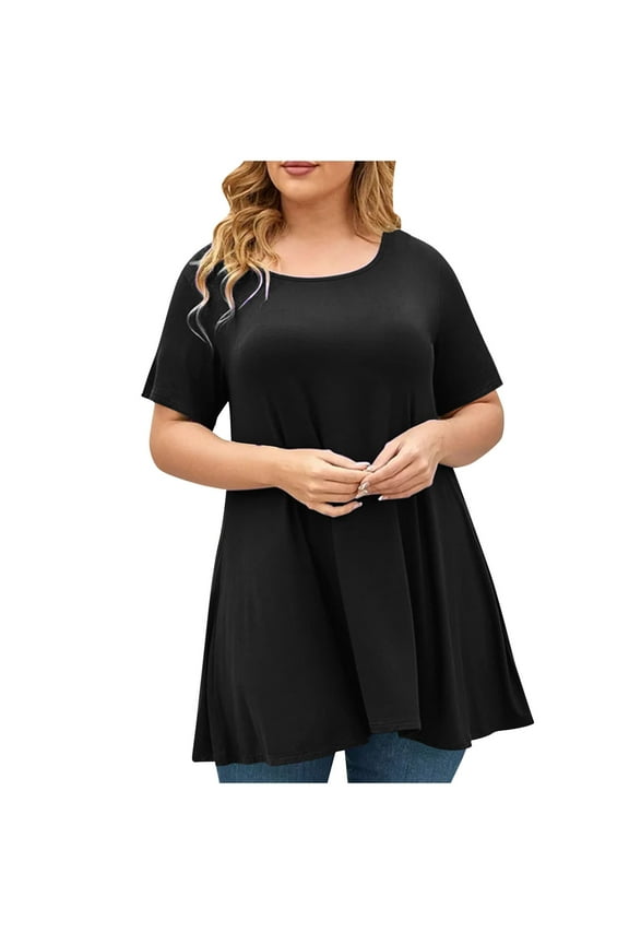 Womens Short Sleeve Casual Loose Fit Flare Swing Tunic Tops Crew Neck Basic T-Shirt Plus Size Summer Blouse Long Shirts Black 12