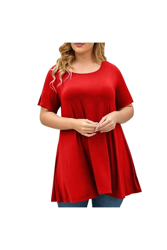 Womens Short Sleeve Casual Loose Fit Flare Swing Tunic Tops Crew Neck Basic T-Shirt Plus Size Summer Blouse Long Shirts Red 12