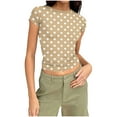 thumbnail image 1 of Olyvenn Womens Short Sleeve Crew Neck Ribbed Knit Fitted Shirts Basic Tees Tops Polka Dots Summer Casual Going Out T-Shirts Khaki L, 1 of 7