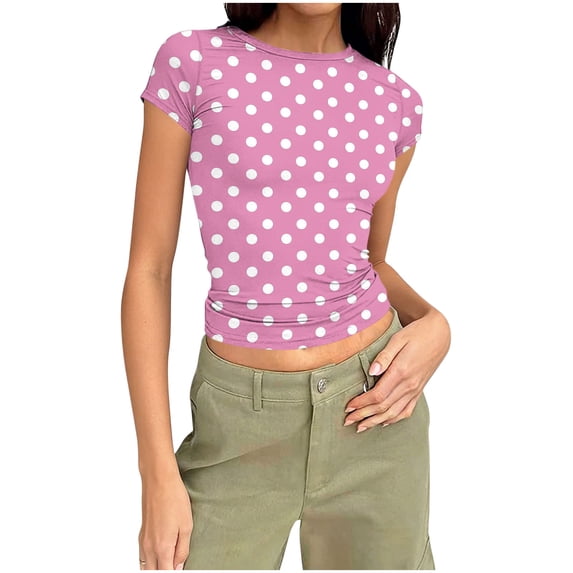 Olyvenn Womens Short Sleeve Crew Neck Ribbed Knit Fitted Shirts Basic Tees Tops Polka Dots Summer Casual Going Out T-Shirts Pink S