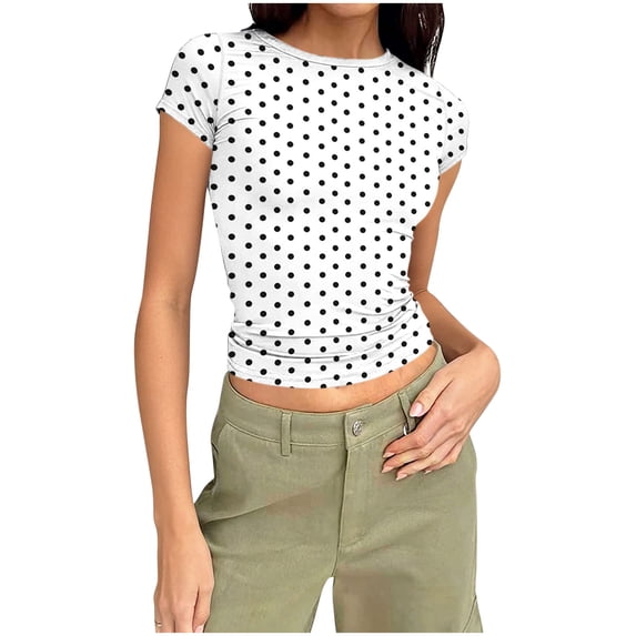 Olyvenn Womens Short Sleeve Crew Neck Ribbed Knit Fitted Shirts Basic Tees Tops Polka Dots Summer Casual Going Out T-Shirts White S