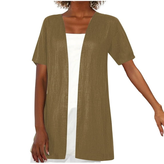 Olyvenn Womens Short Sleeve Kimono Cardigans Lightweight Summer Linen Cardigan Tops Casual Loose Beach Open Front Cover Up 2025 Khaki XL