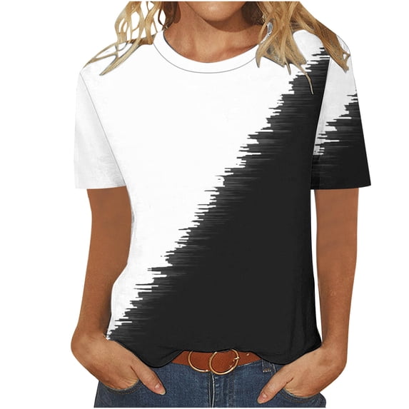 Olyvenn Womens Short Sleeve Round Neck Shirts Summer Fashion Basic Tee Trendy Contrast Color Block Tops Dressy Casual Blouses White S